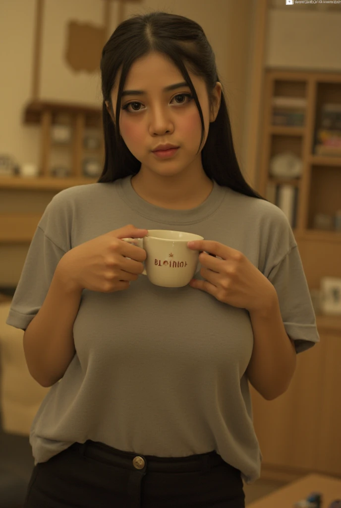  woman, tied Black hair, wearing overlong t-shirt, standing at living room while holding a cup of coffee. look at the viewer,