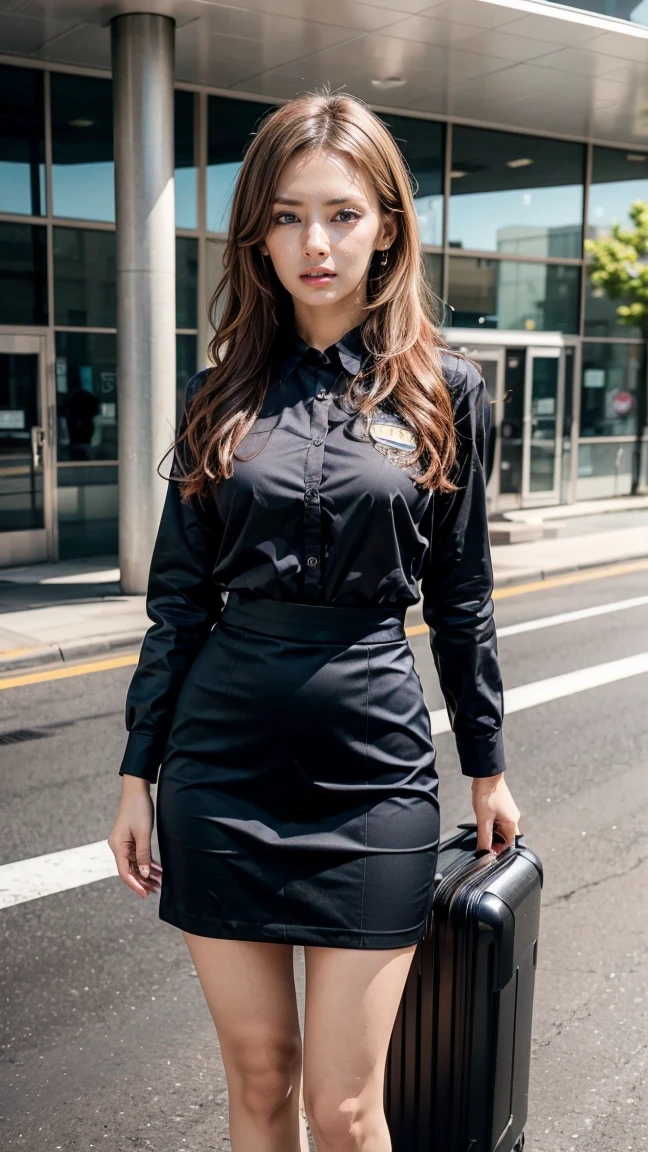 A beautiful, 24-year-old Japanese woman with perfect anatomy, healthy thighs, beautiful legs, beautiful skin, random hair color and style, large breasts, (wearing a flight attendant uniform with a mini-skirt:1.3), (she is standing:1.2), full body shot, pumps, carrying a suitcase, at the airport, (best quality,4k,8k,highres,masterpiece:1.3),(extremely detailed:1.2),realistic,photorealistic,photo-realistic:1.37,professional,vivid colors, studio lighting, Keiko Kitagawa