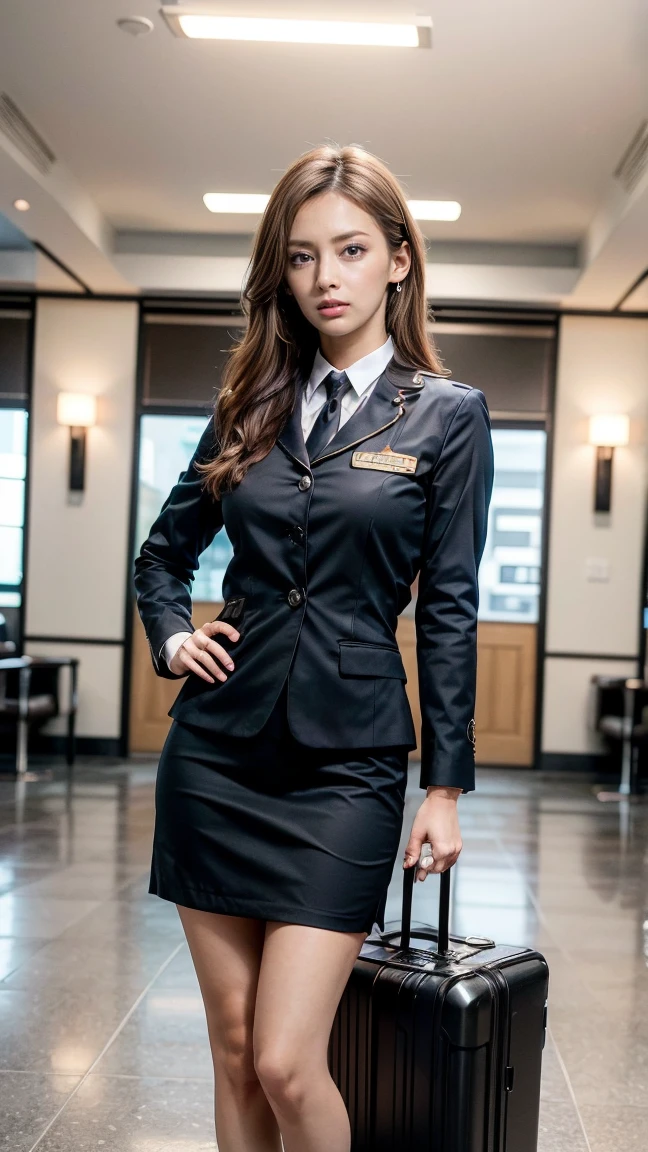 A beautiful, 24-year-old Japanese woman with perfect anatomy, healthy thighs, beautiful legs, beautiful skin, random hair color and style, large breasts, (wearing a flight attendant uniform with a mini-skirt:1.3), (she is standing:1.2), full body shot, pumps, carrying a suitcase, at the airport, (best quality,4k,8k,highres,masterpiece:1.3),(extremely detailed:1.2),realistic,photorealistic,photo-realistic:1.37,professional,vivid colors, studio lighting, Keiko Kitagawa