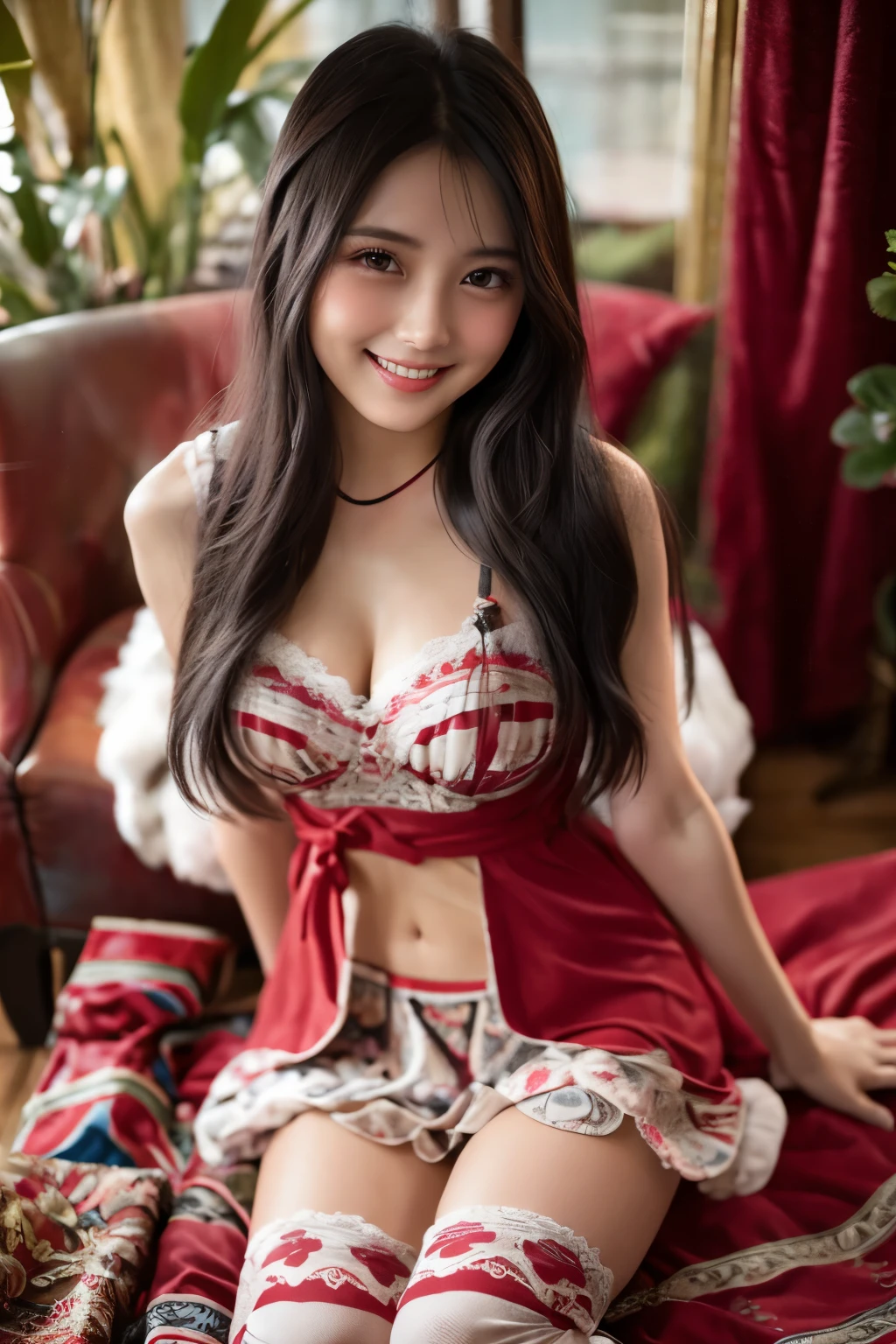 ・Women of Mucha、Photorealistic, Highly detailed face, 4K、 1girl in,   (official clothing: 1.4), Long hair, ssmile、Glamour､teeth、Patterned 、smile , beautiful , thighs、Legs、 shot from above,  underwear 