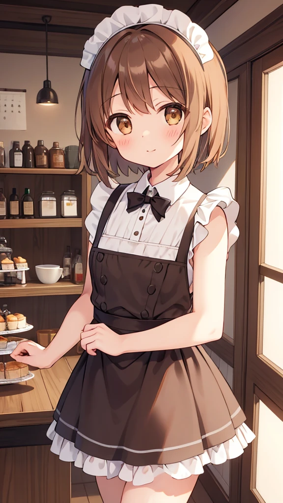  1 girl, Alone, Girl and Tank, nishizumi miho,   brown eyes, Brown Hair,  short hair, (  maid clothes:1.4),  closed mouth, happy ,indoor, Cafe、とても大きなchest、Expose&#39;chest、Naked&#39;chest、chestを皿の上に置く