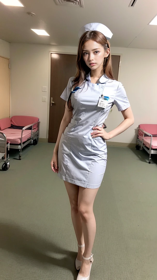 a beautiful young 24-year-old Japanese woman, beautiful, detailed anatomy, beautiful skin, random hair color and hairstyle, big breasts, nurse hat, (nurse uniform:1.3), nurse cap, (she is standing:1.2), full body shot, high heels, hospital, (best quality,8k, masterpiece:1.3), (extremely detailed:1.2), Keiko Kitagawa