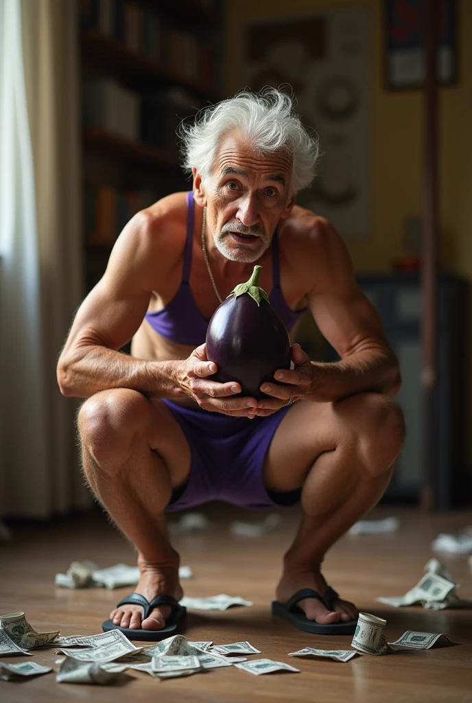 Create a naked old man on top of a sex toy holding a hammer and wearing red glasses