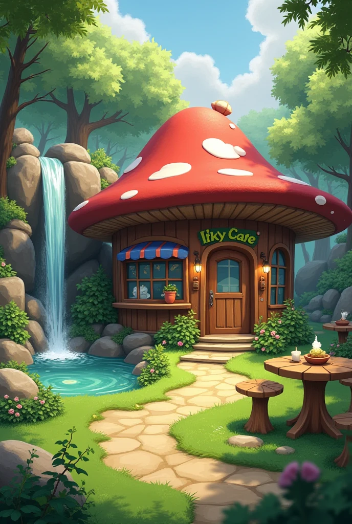 MUSHROOM-SHAPED CAFE WITH WOODEN SQUARE WALLS, WITH A STONE WATERFALL NEXT TO IT, THERE IS A LAWN IN FRONT OF THE CAFE, THERE IS A POOL NEXT TO IT.