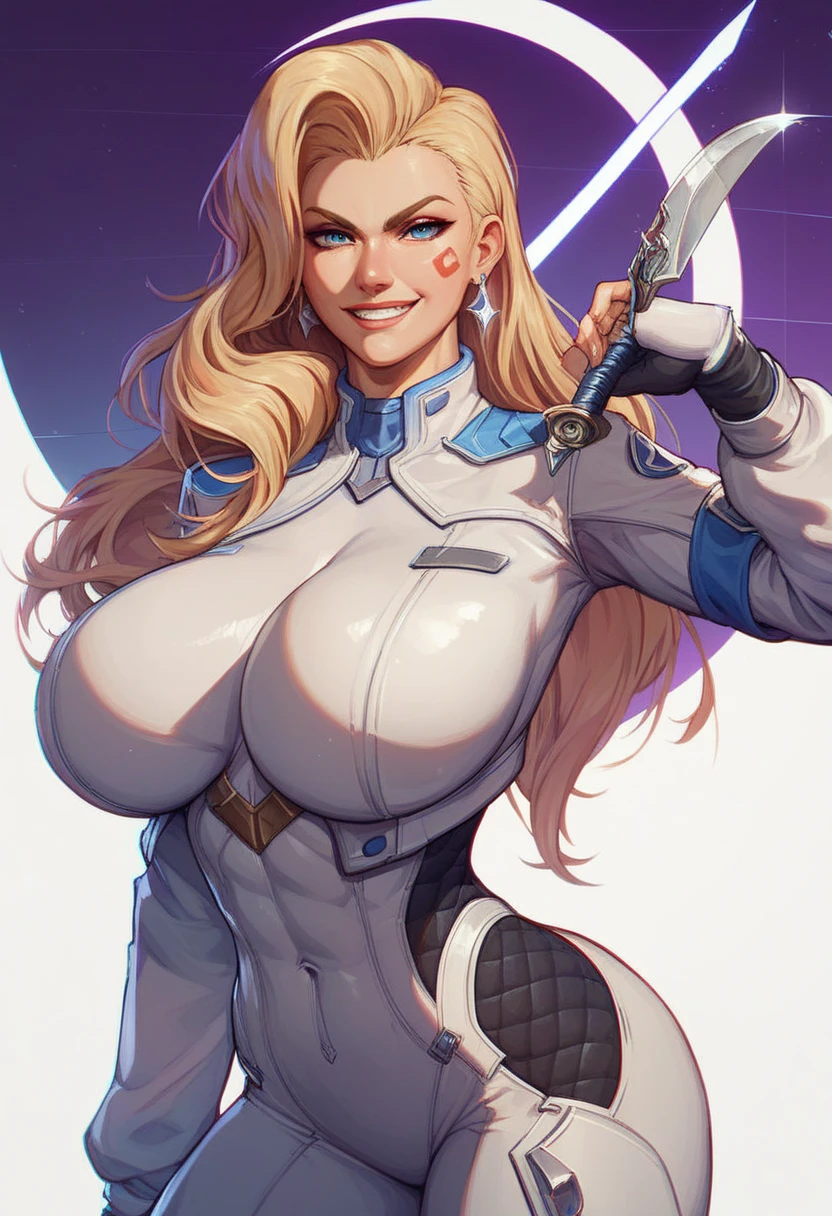 (huge breasts:1.2), score_9, score_8_up, score_7_up, score_6_up, expressiveh, dagger_rivals, 1girl, solo, cowboy shot, blonde hair, long hair, eyeliner, blue eyes, moon mark, earrings, from front, cropped jacket, bodysuit, white bodysuit, white clothes, fingerless gloves, blue details, looking at viewer, purple background, geometric shapes score_9, score_8,score_7, score_6,perfect quality, best quality, skin texture, 1girl, indoors, cowboy shot,,seductive,dynamic pose, gotonai_dagger,blonde,jacket, bodysuit, face tattoo,smile,looking at viewer, smirk,dynamic pose:1.2, (white background, simple background:1.3)
