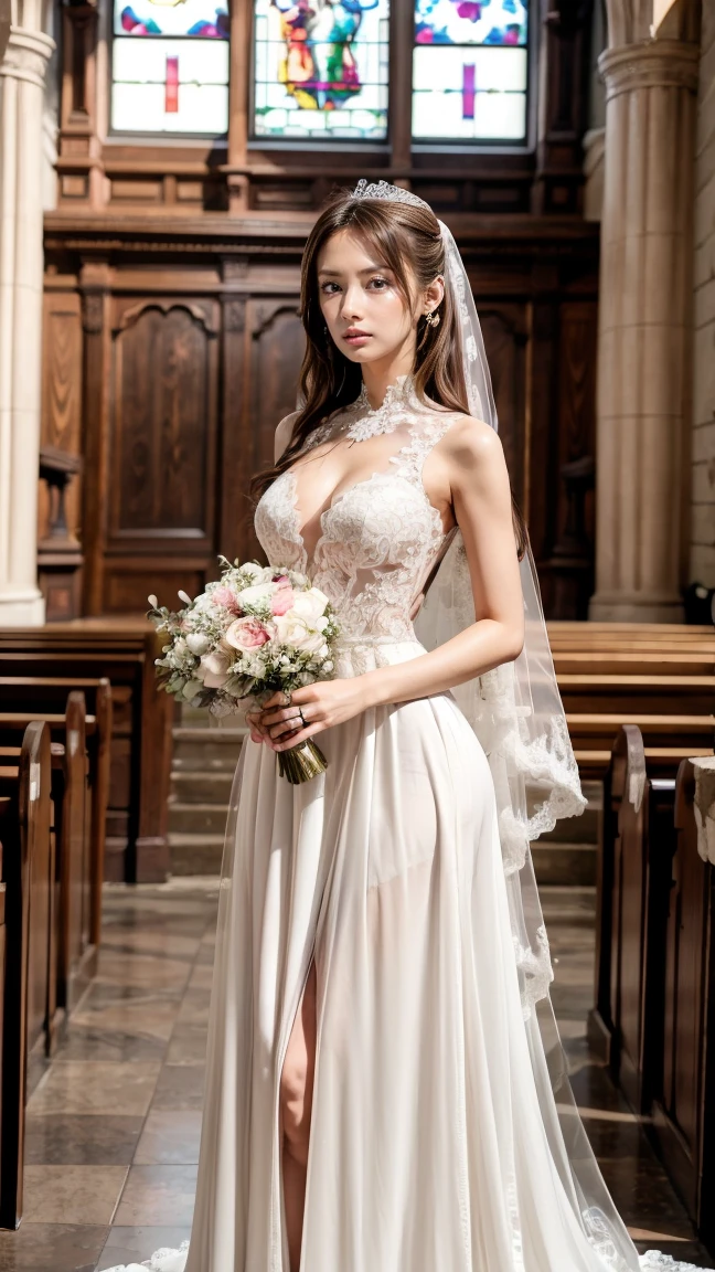 A beautiful young Japanese woman, 26 years old, with healthy thighs, beautiful legs, flawless skin, random hair color and style, large breasts, wearing a (wedding dress:1.3), (she is standing:1.2), full body shot, high heels, holding a bouquet in her hands, in a church setting, (best quality,8k, masterpiece:1.3), (extremely detailed:1.2), perfect anatomy, Keiko Kitagawa