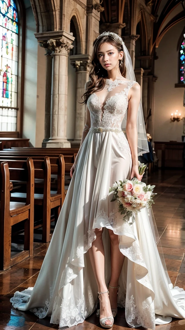 A beautiful young Japanese woman, 26 years old, with healthy thighs, beautiful legs, flawless skin, random hair color and style, large breasts, wearing a (wedding dress:1.3), (she is standing:1.2), full body shot, high heels, holding a bouquet in her hands, in a church setting, (best quality,8k, masterpiece:1.3), (extremely detailed:1.2), perfect anatomy, Keiko Kitagawa