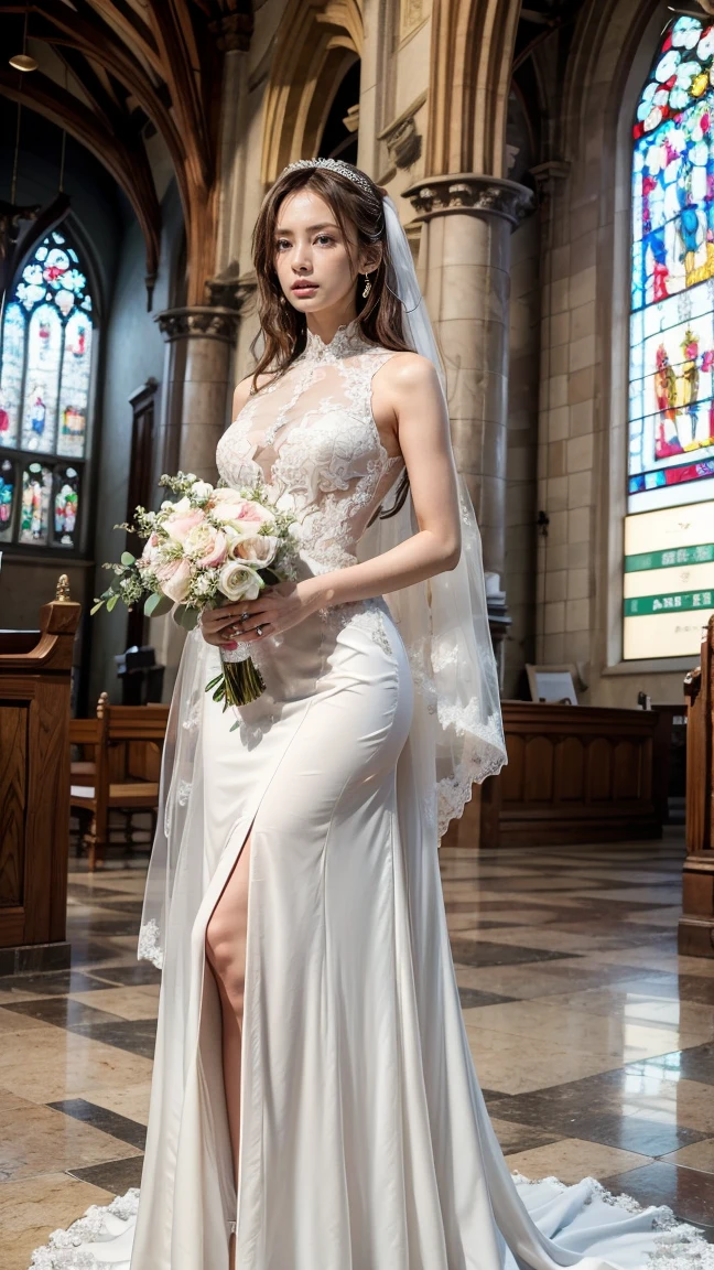 A beautiful young Japanese woman, 26 years old, with healthy thighs, beautiful legs, flawless skin, random hair color and style, large breasts, wearing a (wedding dress:1.3), (she is standing:1.2), full body shot, high heels, holding a bouquet in her hands, in a church setting, (best quality,8k, masterpiece:1.3), (extremely detailed:1.2), perfect anatomy, Keiko Kitagawa