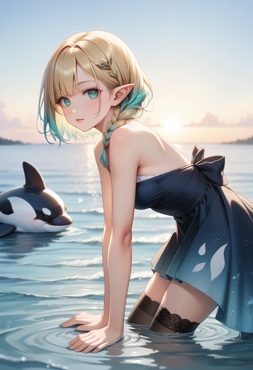 (EyesHD:1.2), masterpiece, best quality, ultra-detailed, very aesthetic, sharp focus, depth of field, vibrant colors, ray tracing, best lighting, detailed illustration, detailed background, cinematic, beautiful face, beautiful gren eyes, 1girl, water, reflective water, beautiful legs, orca girl, from side, leaning forward, black thighhighs, whale costume, gradient hair, blonde hair, tail, pointy ears, lamiapgr, turquoise hair, short hair, braided hair