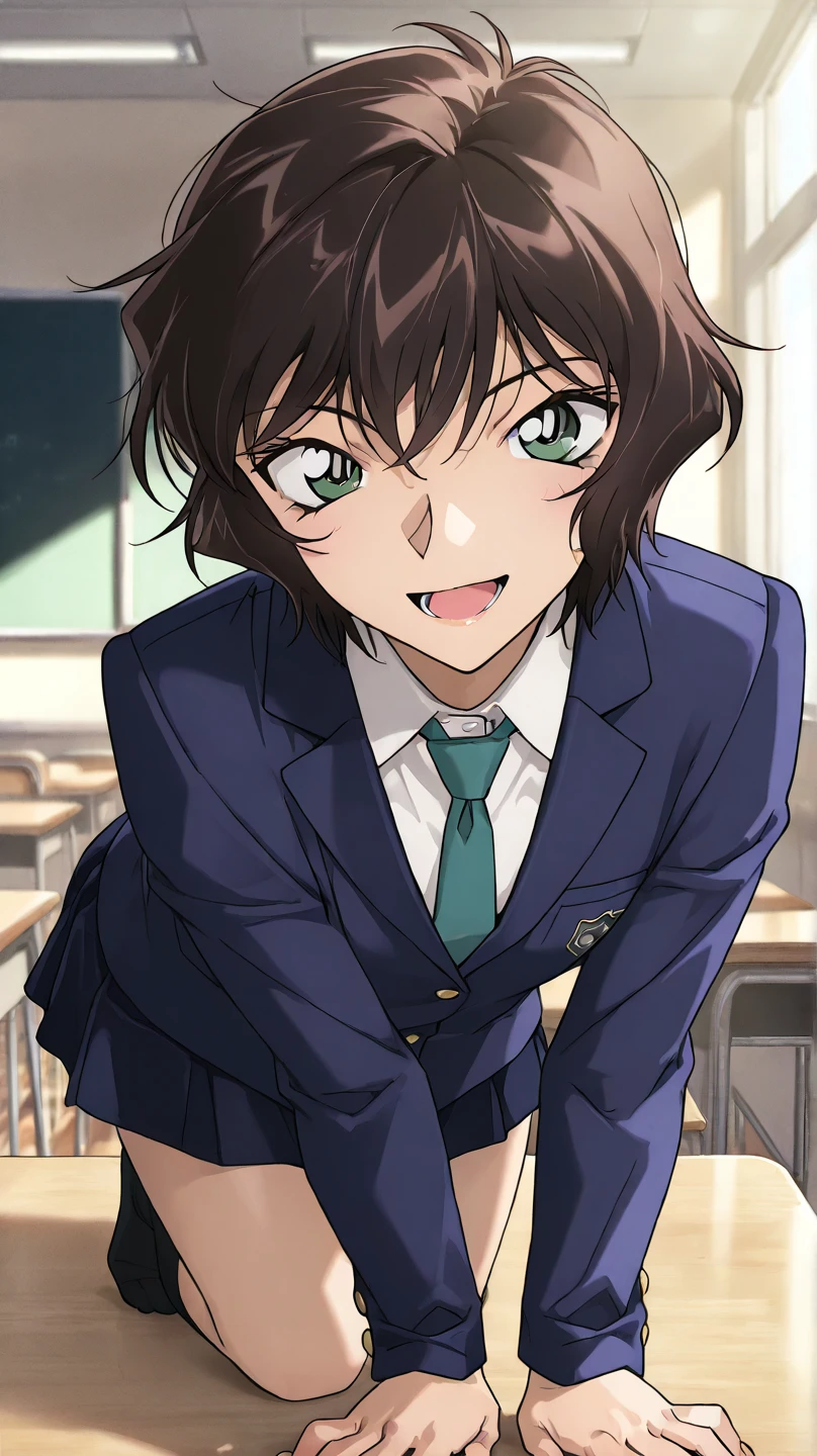  High Quality , 最 High Quality , masterpiece,  high res, detailed face , anatomically correct ,  Detailed hairstyles (pony:Evening Masumi),medium height , slender ,adult woman
brown hair,  green eyes,  short hair, 
Mature woman, boyish woman ,
 school uniform( blazer, ties, white shirt, miniskirt)
classroom, 1 girl, solo, On all fours on the desk,
 flat chest,
 open your mouth slightly ,smile, from your hand and direct your gaze,  high angle,