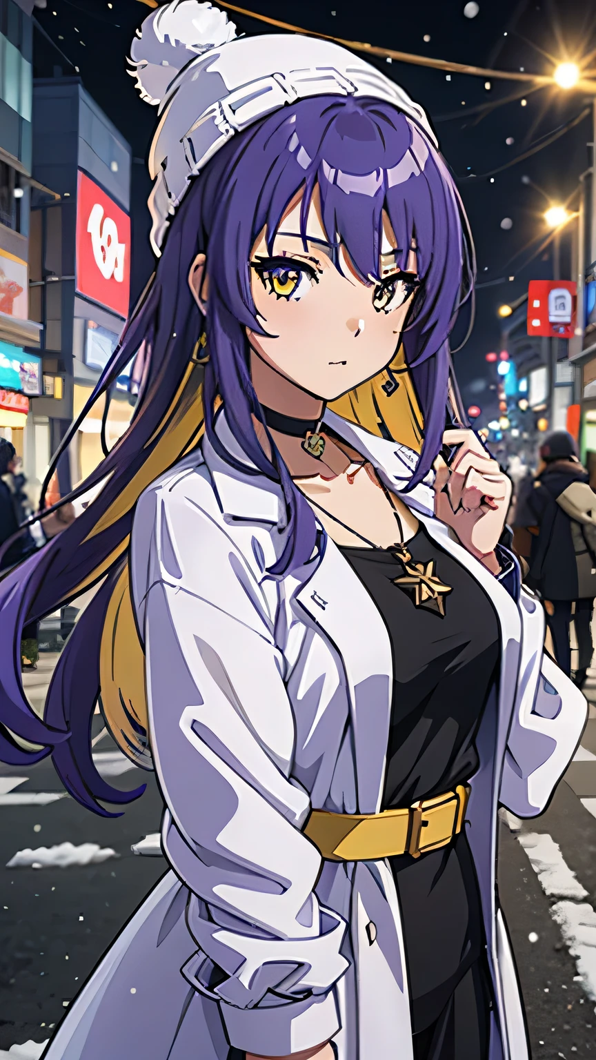 Moona Hoshinova, 1girl, purple yellow hair, long hair, multicolored hair, yellow eyes, jewelry, necklace, choker, perfect breasts, wearing a beanie, wearing a winter jacket, wearing a duffle coat, , wearing a watch, wearing earrings, in public, creatures in tokyo city, being on the street, snow on the street, it's snowing, looking at the viewer, realism, masterpiece, textured skin, super detail, high detail, high quality, best quality, 1080p, 16k