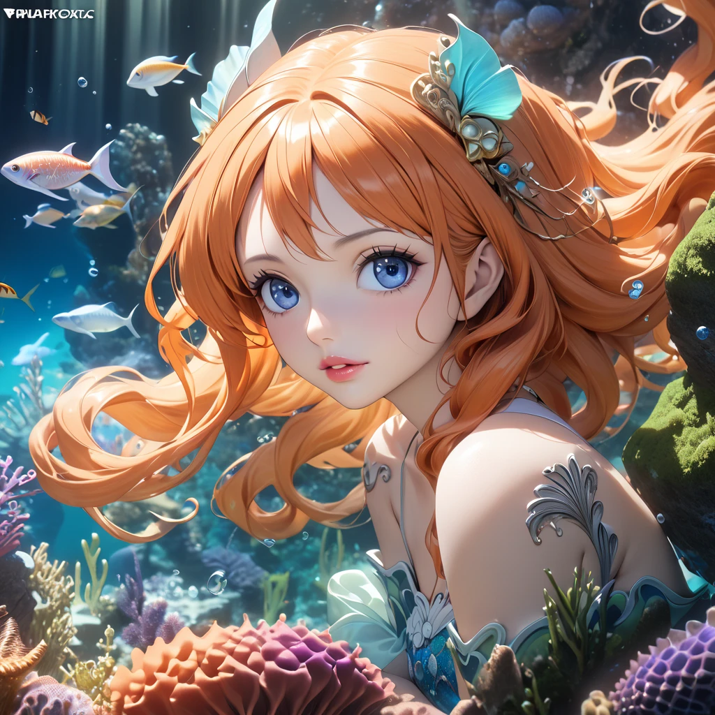 (Top Quality, 4K, 8K, Hi-Res, Masterpiece: 1.2), Super Detail, (Real, Photo Real, Photo Real: 1.37), (Full Body: 1.3) Little Mermaid, Detailed Face, Beautiful Eyes, Long Eyelashes, Delicate Lips , elegant hairstyle, Shimmering scales, flowing underwater hair, sea creature background, fantasy underwater scene, bright colors, dramatic lighting, soft focus, fantastic atmosphere, Eiichiro Oda, One Piece, Nami, orange hair, bewitching, adult,