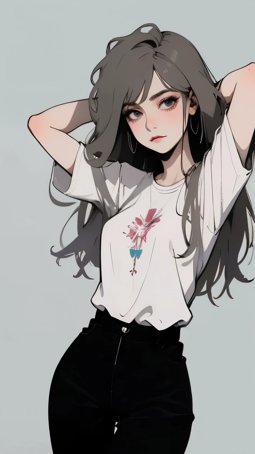  The image shows a digital illustration of a female figure .  She has long white hair that seems to flow smoothly .  The character is wearing an oversized white shirt ,  that covers part of her legs .  with a confident expression ,  she raises her arms above her head ,  which highlights her relaxed posture . 

 At the bottom of the image ,  there is a light colored band that mixes with the gray background ,  and the character shows a relaxed leg .  Her features are stylized ,  with attention to details such as light reflecting in your hair and skin .  The art is well colored and presents a modern and vibrant illustration style. 

 in the lower right corner ,  there is the artist's signature , with the name "Mrdonxx ".  The image in general has a fresh and contemporary air .