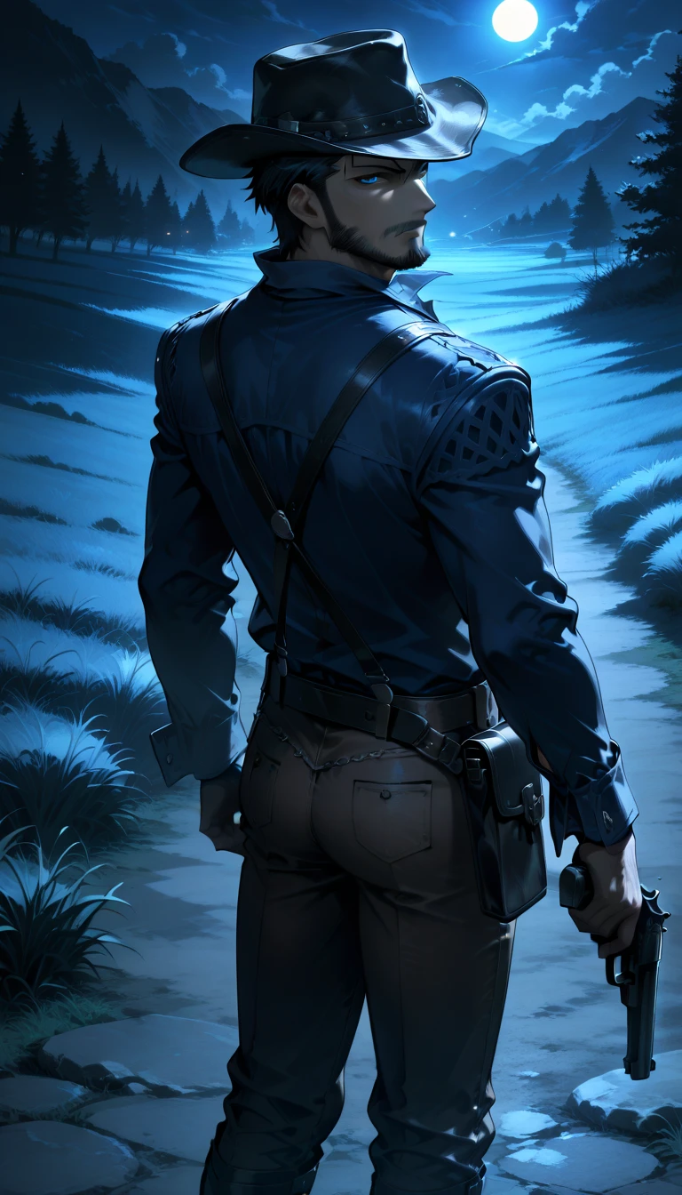 Score_9, Score_8, Score_7, Score_6, Score_5, Score_4, cid_t, (High quality anime art), (Middle-aged man, Handsome, beard, detailed face, blue eyes, sharp eyes, Solo), holding pistol, (black leather hat cowboy, western wear, blue shirt, brown jeans, black suspender, black satchel), (Night Grassland background), Moonlight, cold expression, protagonist, (High angle shot: 1.2, Side view: 0.7, Turn back: 1), (Detailed color: 0.9, vibrant color:0.9, Dark Ambient: 0.7, Side lighting: 0.7), (Look at viewer: 1.3), (aesthetic pose).