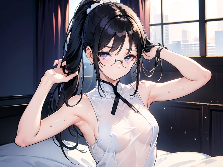 (8k、 top quality 、​masterpiece:1.2)、( realistic 、 ultra-detailed)、 super A high resolution、 beautifully detailed face , perfect body,The correct number of fingers,( 1 girl,Glasses, ponytail), whole body, front, on the bed,afterwards, soft light, white Chinese dress ,The fabric is thin, see-through, wet, sleeveless,My stomach is bare skin. ponytail,(Hold a hair tie), I'm trying to tie my hair with both hands,The arms are thin,Hands on Head,side,sideが見えている, I can see my stomach,Soft abdominal muscles, japanese girl,  cute,Flushed cheeks, ( serious expression:0.5), ( brown eyes,  light in the eyes ), ( small breasts) , contrast post ,lure, nudes