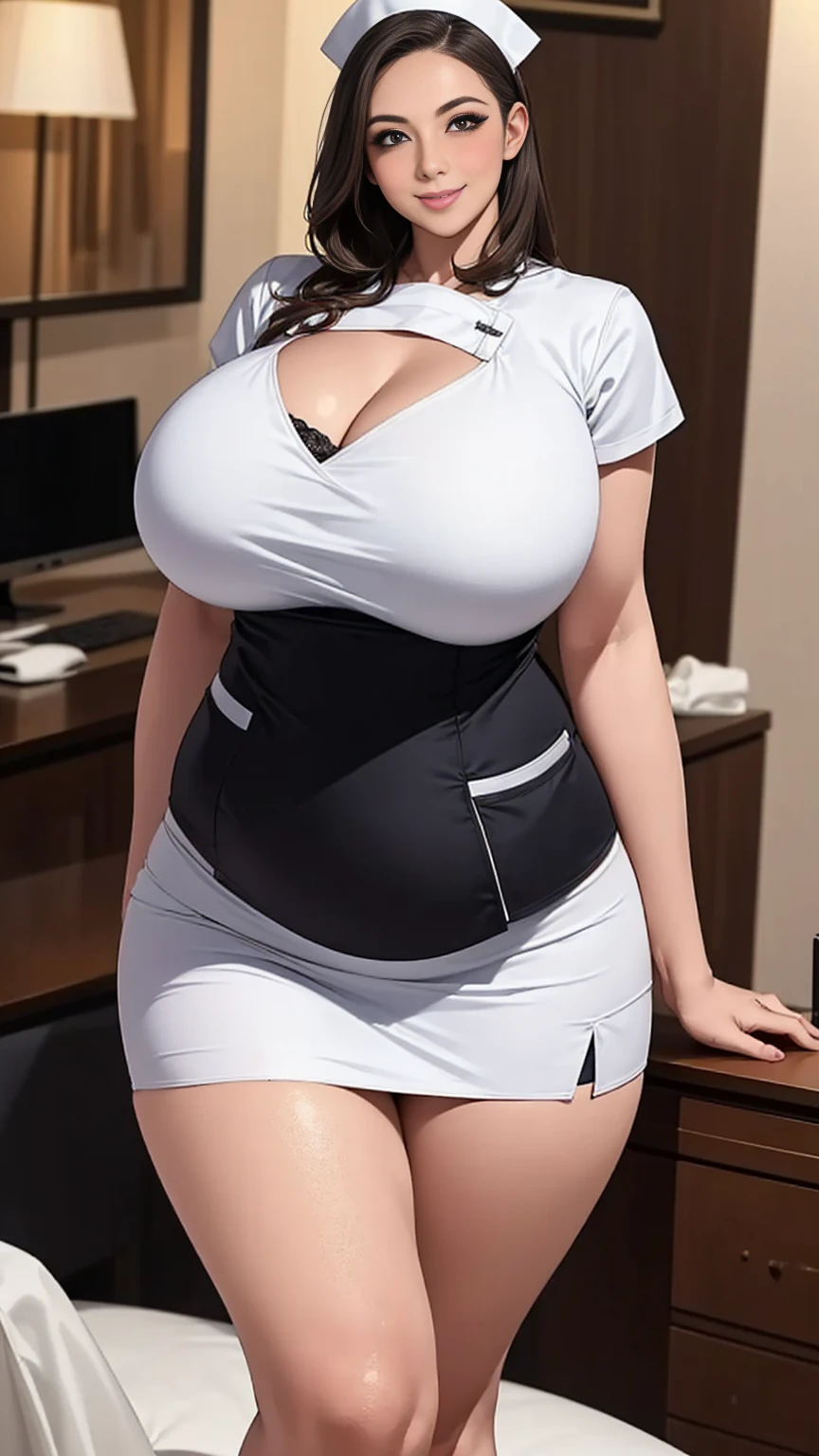 Browsing Caution:1.55、(hospital:1.5)、Sit on the bed、Female nurse、Modern Hairstyles、Very cute smile、((Very huge bigger than a face:1.99)Women、(24-years-old)、((Super tight uniform))、Trendy pastel color uniforms、(White Stockings)、Nurse shoes、Name tag on chest、Stethoscope from the neck、(Black Hair)、Highest quality、Ultra-high resolution、(Realistic:1.85)、Beautiful Japanese Eyes、Super Beauty、Perfect Style、Perfect balance、Detailed skin、((Delicate photo)),(Detailed RAW photos of girls), (Tabletop:1.25), (Highest quality:1.6), (Ultra-high resolution:1.5), (It is realistic.:1.75), 8k resolution, Canon EOS R5, 50mm, absurdes, Very detailed,Cinema Lighting、((Beautiful golden ratio face))、((A baby-faced female nurse seductively seduces patients))