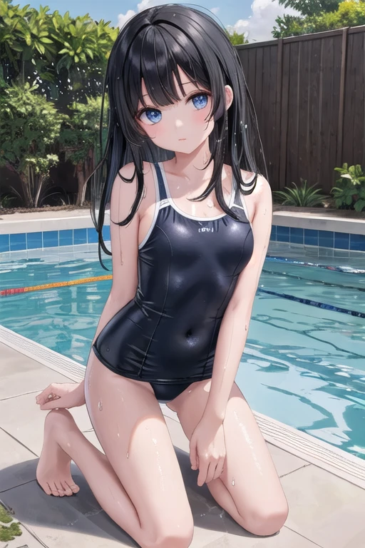 (best picture quality, 4K, high quality, masterpiece::1.2), ((masterpiece)), high detail, high quality, best picture quality, ((high quality, nsfw,  showing armpits, embarrassed,spread legs) squatting), nsfw, （put up one's hair), cute,  girl in a competition swimsuit with black pantyhose at poolside in the indoor pool, full body, loli, shorheight, medium breasts, bokeh, DOF, Portrait, evil grin, crying, open stance, (cute illustration:1.2), high-resolution, ultra-detailed, best-quality, bare-shoulder,