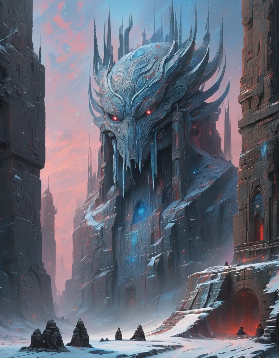 A carvings depict the fierce visage of a alien robotic with gray skin, blue eyes, and pinkish-red tentacles on their face, blue eyes, intertwined with swirling snow and mythical patterns, now abandoned and half-buried in the shifting snows. The monument’s surface is cracked and worn, with faint traces of its legendary origin still visible. A group of figures stands nearby, dwarfed by the monument’s immense scale, gazing up at it in awe and wonder, as though seeking answers from a bygone era of myth and magic.