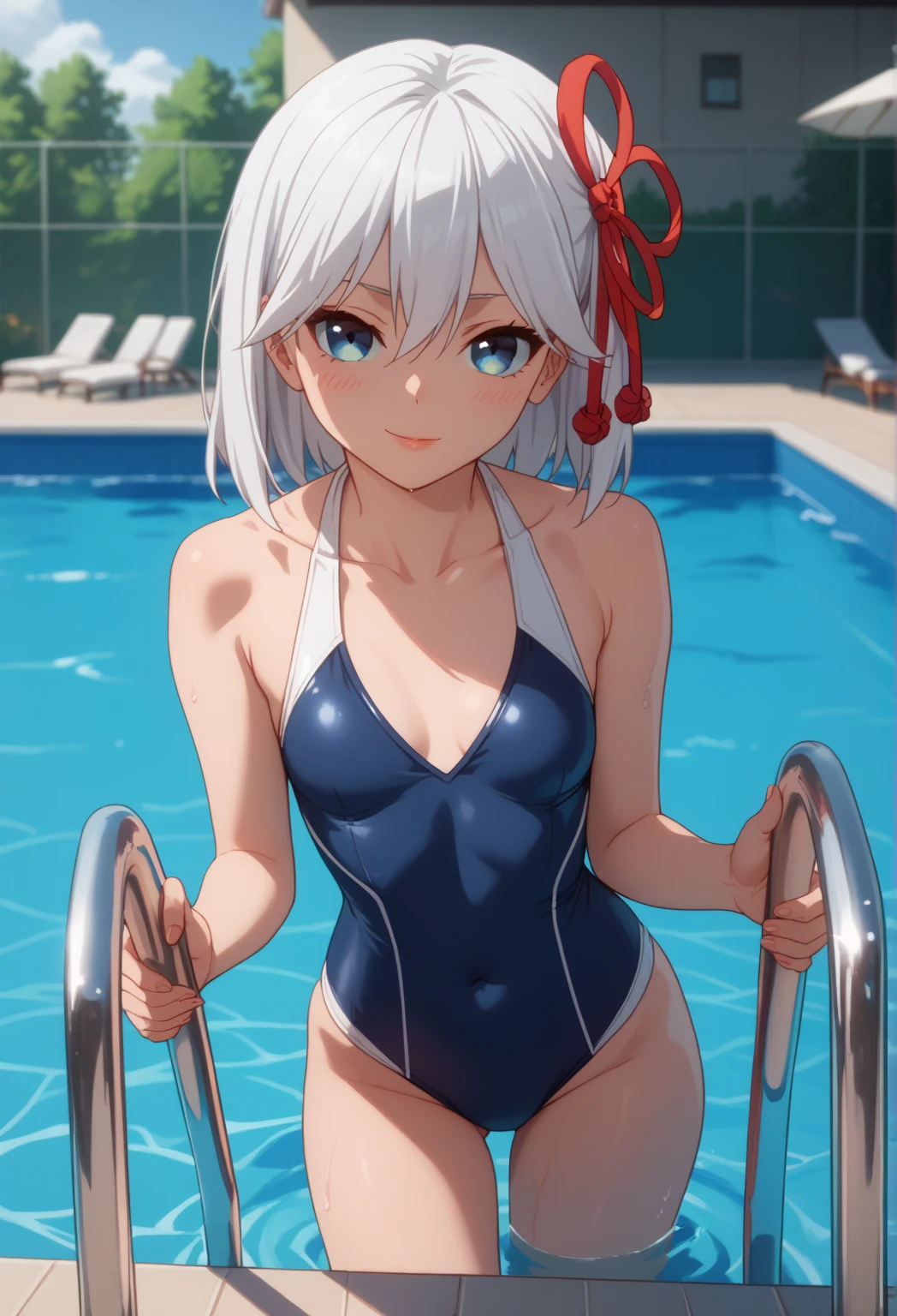 The woman, short hair, short hair, by white, white hair, fringe, (((pale, pale skin))), blue eyes, Blue eyes, parts, parts en la cara, Freckles, Bikini, red Bikini, micro Bikini, Costa Rica, bungalow, pool, Pool,