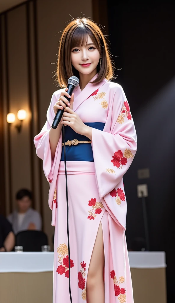 (((Full body photo)))、12Ｋ、ＨＤＲ、 bits deep 10 bits 、((Japan Enka singers))、(  light brown hair )、  random pose to take a picture of the front 、 wearing a kimono 、 microphone、Stage Costumes、 is singing on stage、