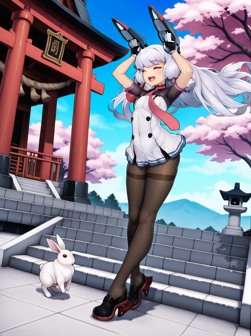 masterpiece,best quality,amazing quality,
solo,1girl,
m_kai_2,grey hair,very long hair,red hair ribbon,m_ac,headgear,m_kai2_clothes,red tie,gloves,thighband pantyhose,red rudder footwear,
open mouth,animal,:d,blush,japanese style,stairs,shrine,cherry tree,petal,white rabbit,arm_above_head,rabbit pose,(jumping:1.2),closed eyes,laughing,dynamic_angle,cinematic_angle,bunny,