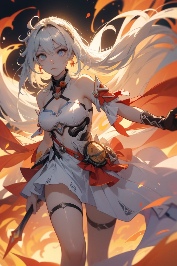 1 girl, Kiana, is a fiery and fierce warrior, known for her striking appearance and unmatched combat skills. She is often surrounded by a fiery aura, reflecting her inner intensity and passion. With her trusty sword and shield, she charges into battle, leaving a trail of flames in her wake. As a guardian of the realm, she wields the power of flame and light, illuminating the path for those she protects. Though her fierce exterior may intimidate, her kind heart and unyielding dedication to justice inspire loyalty and respect from her allies.
