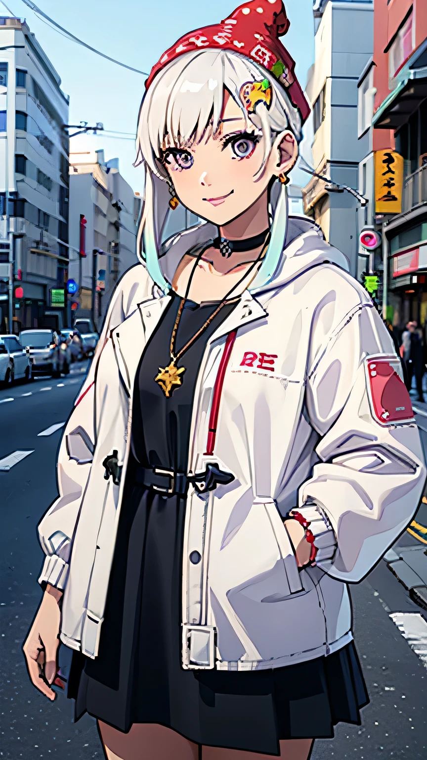 , 1girl, white  hair, short hair, multicolored hair, purple eyes, jewelry, necklace, choker, perfect breasts, wearing a beanie, wearing a winter jacket, wearing a duffle coat, , wearing a watch, wearing earrings, in public, creatures in tokyo city, being on the street, snow on the street, it's snowing, looking at the viewer, realism, masterpiece, textured skin, super detail, high detail, high quality, best quality, 1080p, 16k,  SMILE FACE