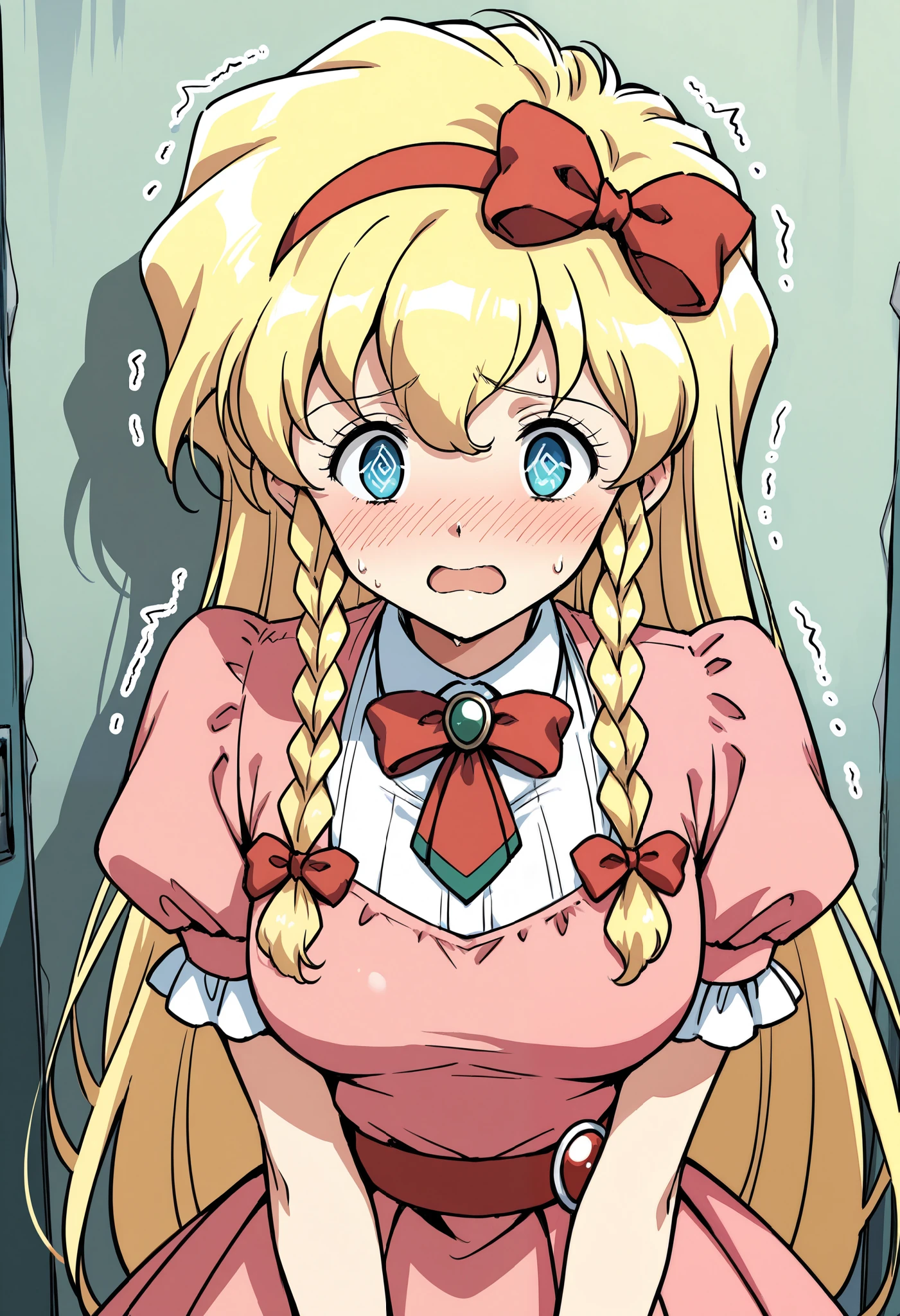 masterpiece, best quality, absurdres, highres, newest, 1girl, solo, Maria_Renard, blonde hair, very long hair, breasts, hair bow, blue eyes, red bow, hairband, twin braids, bangs, pink dress, jewelry, peace sign, sweat, worried, open mouth, @_@, blush, trembling, shaking, shiny skin,