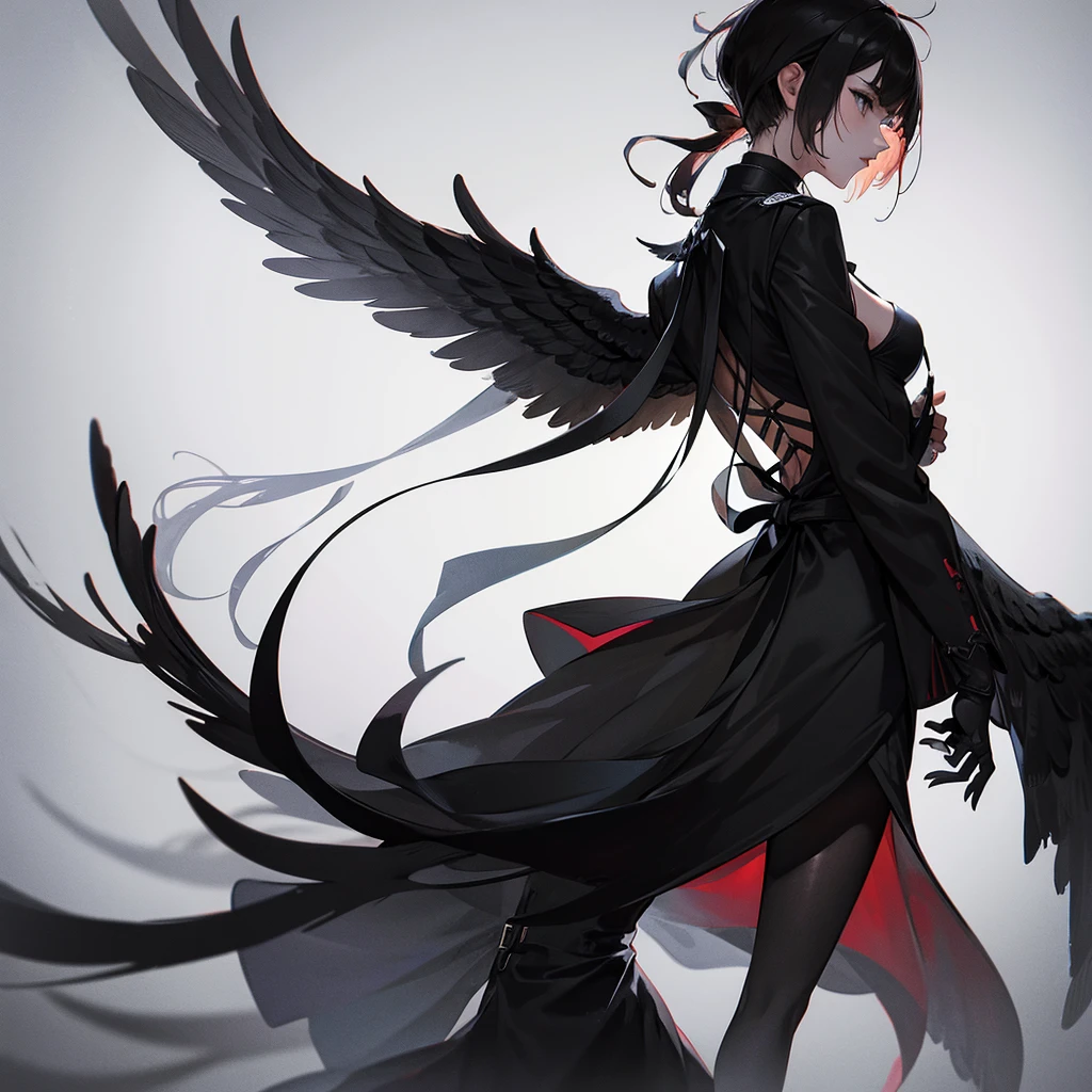 (highest quality,4K,High resolution),Cover the whole thing with a feather frame、Red highlights on black hair、long straight hair、closed my eyes、sleeping woman、small、long eyelashes、Red eyeliner、sexy red lips、full body shot、Delicately expresses realistic smooth skin texture down to the smallest detail、Realistic body representation、Red leather bodysuit with intricate embellishments、cross belt、Left and right contrast、fashion model pose、Photographic depiction like a model、photo realistic、The whole area is filled with countless feathers、