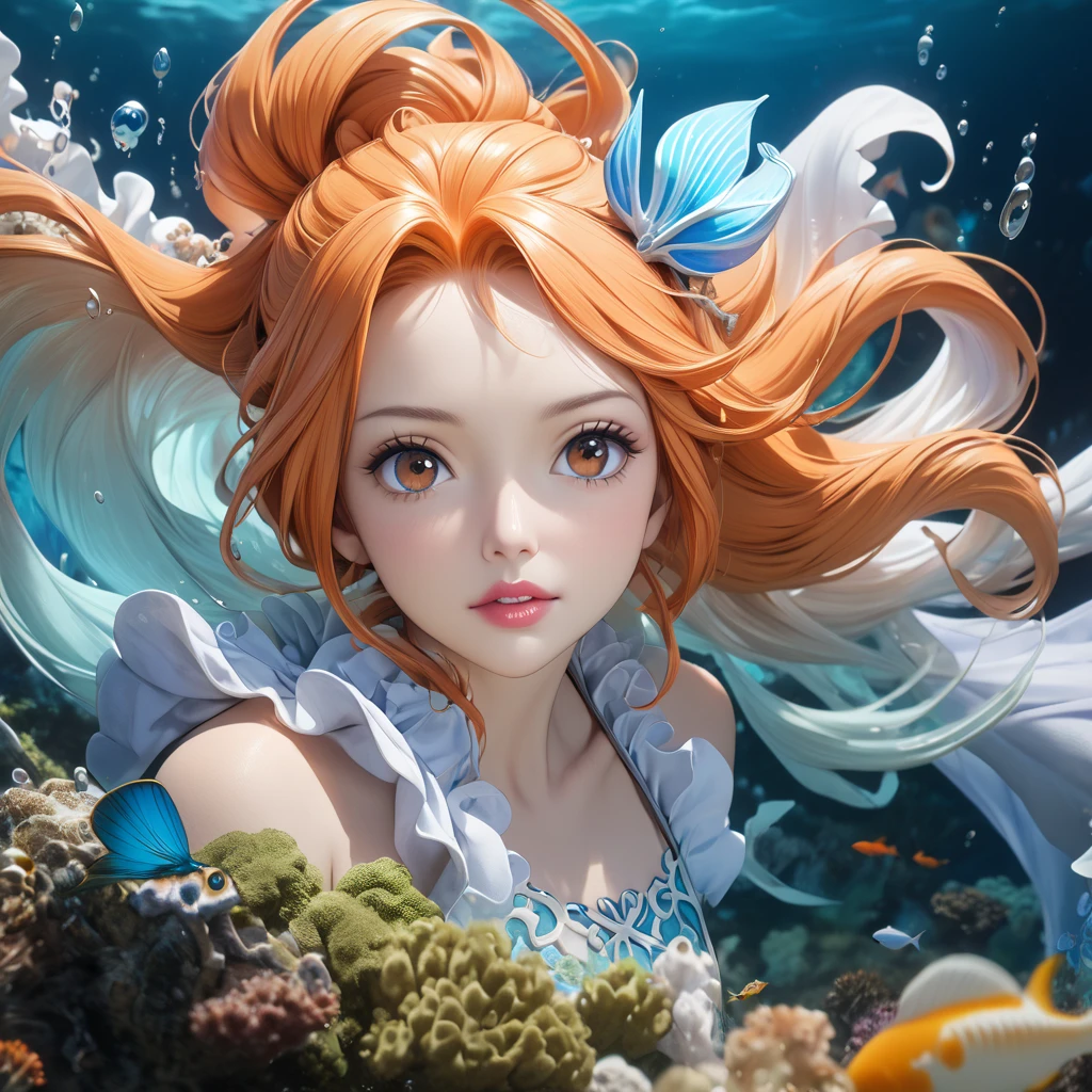 (Top Quality, 4K, 8K, Hi-Res, Masterpiece: 1.2), Super Detail, (Real, Photo Real, Photo Real: 1.37), (Full Body: 1.3) Little Mermaid, Detailed Face, Beautiful Eyes, Long Eyelashes, Delicate Lips , elegant hairstyle, kira Flipping scales, flowing underwater hair, sea creature background, fantasy underwater scene, bright colors, dramatic lighting, soft focus, fantastic atmosphere, Eiichiro Oda, One Piece, Nami, orange hair, bewitching, adult, brown eyes,