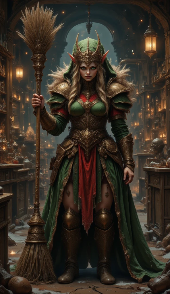 masterpiece, 8k, HDR, 3D, best quality, photography, analog style, real life, extremely beautiful, (highly detailed, intricately detailed), A picture of (1female elf) with pointed ears, she is holding a broom, cleaning and tidying the toy factory, wearing green and red elf clothes, after the Christmas delivery tour, everything is quiet, everyone is resting after Christmas Eve at the North Pole.