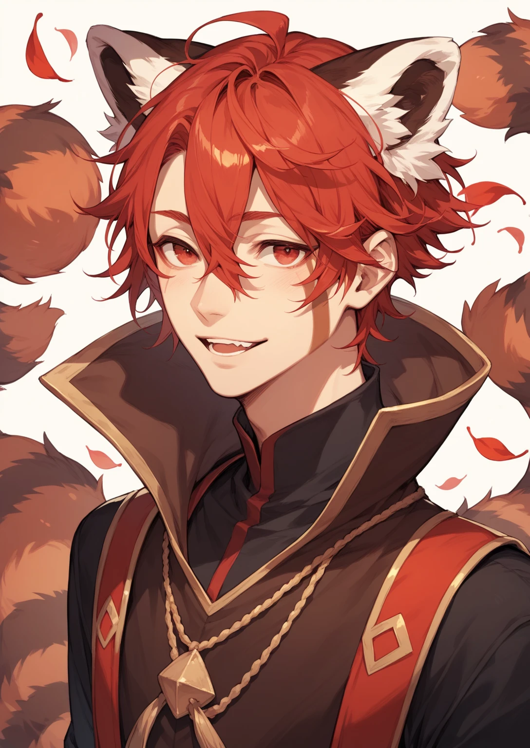 Semi real anime style  a cheerful, male with red hair, red panda ears, red eyes, and a black and brown man Adventurer outfit . non human ears