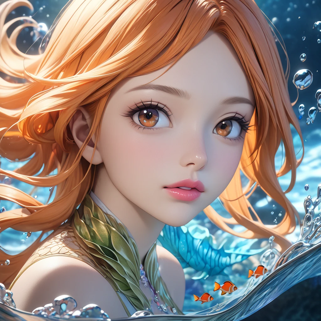 (Top Quality, 4K, 8K, Hi-Res, Masterpiece: 1.2), Super Detail, (Real, Photo Real, Photo Real: 1.37), (Full Body: 1.3) Little Mermaid, Detailed Face, Beautiful Eyes, Long Eyelashes, Delicate Lips , elegant hairstyle, kira Flipping scales, flowing underwater hair, sea creature background, fantasy underwater scene, bright colors, dramatic lighting, soft focus, fantastic atmosphere, Eiichiro Oda, One Piece, Nami, orange hair, bewitching, adult, brown eyes,