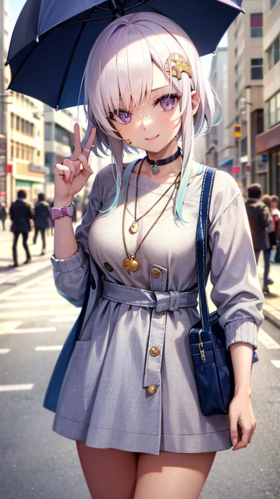 , 1girl, white  hair, short hair, multicolored hair, purple eyes, jewelry, necklace, choker, perfect breasts, , wearing a winter jacket, wearing a duffle coat, , wearing a watch, wearing earrings, in public, creatures in tokyo city, being on the street, snow on the street, it's snowing, looking at the viewer, realism, masterpiece, textured skin, super detail, high detail, high quality, best quality, 1080p, 16k,  SMILE FACE