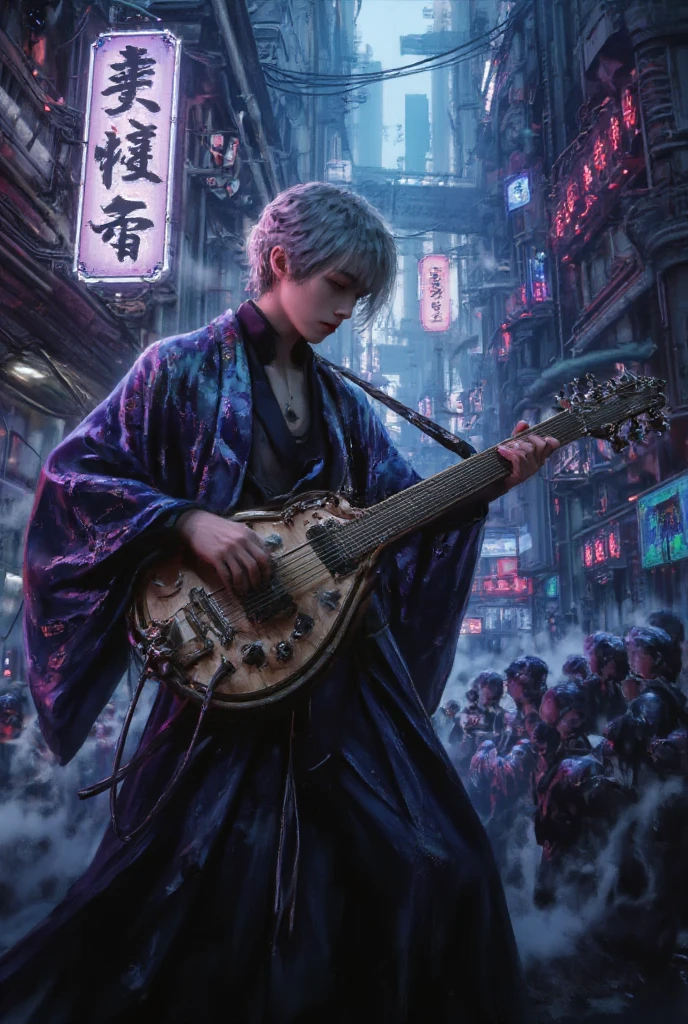 Anime style, Male in 20s, Shamisen playing, Traditional Japanese Shamisen, High resolution, Realistic rendering, Wooden body, Snake skin, Silk strings, Plectrum, Japanese style background, Soft natural light, {Exquisite detail}, [Instrument only], Full body portrait, Rock music, Dynamic pose, Facial detail (Best Picture Quality,4k,8k,Hi-Res,Masterpiece:1. 2)), Super Detail, (Realistic,Photorealistic:1.37)), Vibrant Colors, Cinematic Lighting, Dramatic Shadows
20-year-old male, short-cut silver hair, standing, playing shamisen, resonating body of shamisen about the size of a human face, almost square. There are three strings, three spools of string on the head, and the player is holding a palm-sized bachi as he plays. Standing animation style, lively playing posture, modern rocker attire with traditional Japanese accents such as boldly patterned haori, intense facial expressions, shamisen strings, vibrant and dramatic concert stage with lighting and smoke effects, slightly low camera to emphasize presence angles, neon-infused color palette, ultra-detailed textures, 4K, 8K, high-resolution, cinematic perspective.