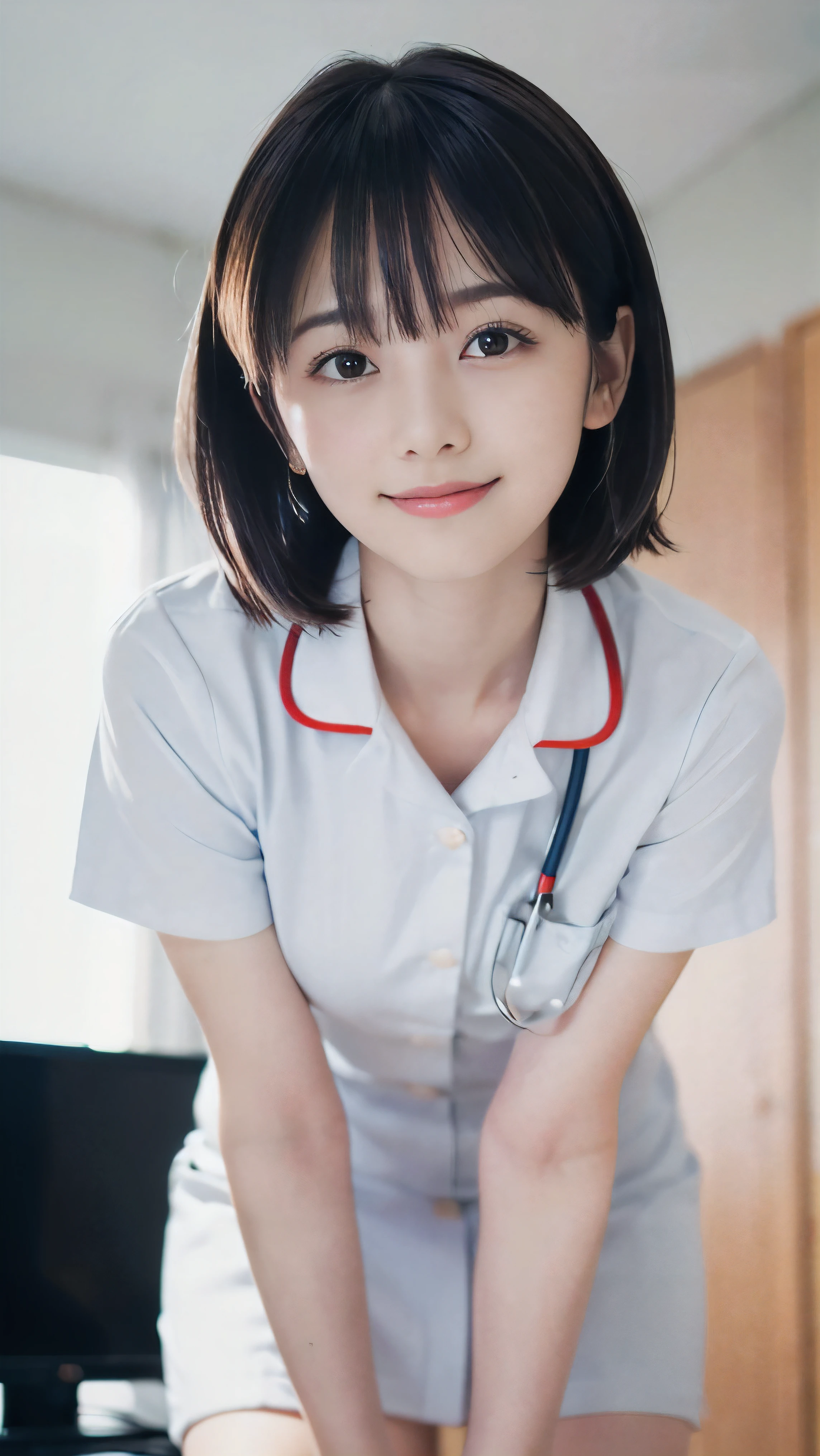 (Close-up face shot of one slender small breasts two side up black medium hair with bangs girl in a white nurse uniform:1.5)、(One nurse measuring blood pressure in the hospital room with small smile:1.5)、(blurred background:1.5)、(Natural light:1.5)、(High-key photo:1.5)、(8k ultra detailed master piece:1.5)、(perfect anatomy:1.5)、(Photorealistic stick:1.5)、(Raw photo:1.3)、(highest quality:1.5)、(High resolution:1.3)、(Delicate and beautiful perfect face:1.3)、(Delicate and beautiful eye air skin:1.3)、(Real Human Skin:1.3)、((thin legs))