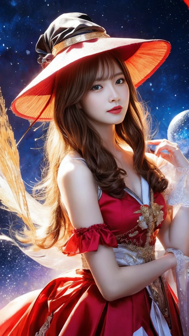 witch woman，conservative attire，with a huge hat，Red crane，Wearing a Red, gold and white princess dress，Upper body close-up，Close-up photos，jewelry，Visions of heaven and earth，Magic crystal ball，The background is the Milky Way，solar system,長い髪, キラキラエフェクト, ゴッドレイ, 