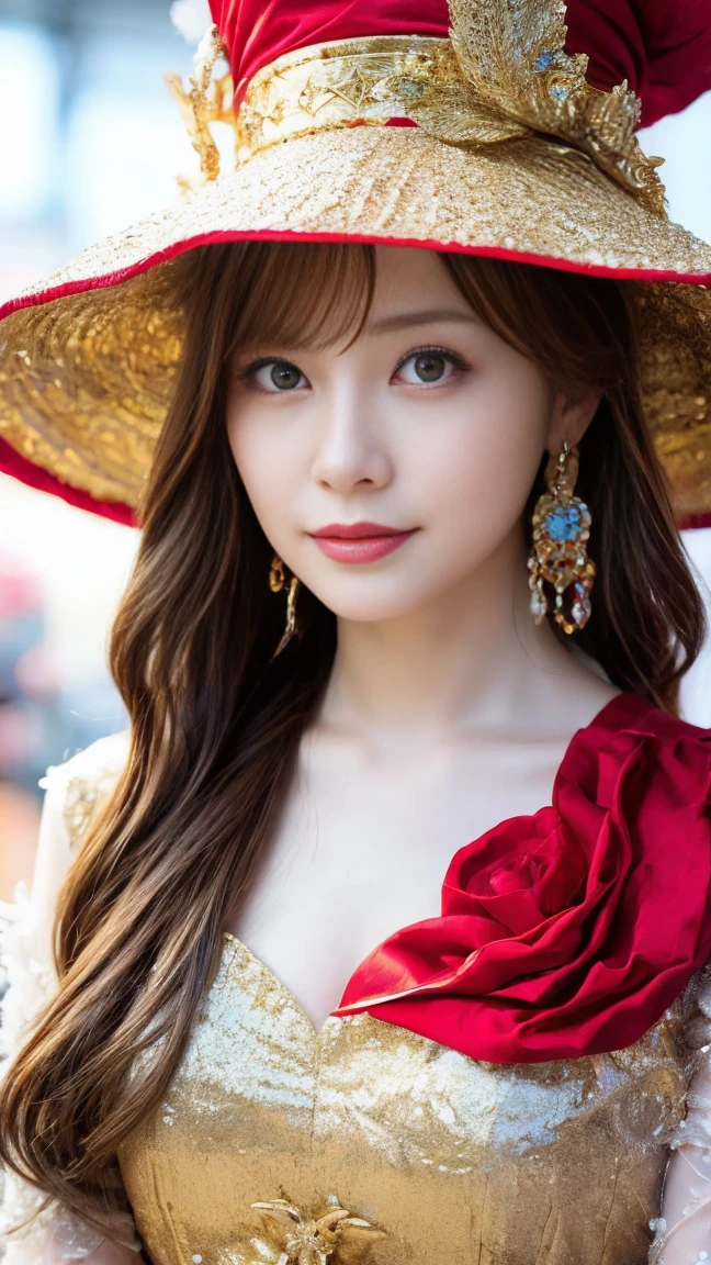 witch woman，conservative attire，with a huge hat，Red crane，Wearing a Red, gold and white princess dress，Upper body close-up，Close-up photos，jewelry，Visions of heaven and earth，Magic crystal ball，The background is the Milky Way，solar system,長い髪, キラキラエフェクト, ゴッドレイ, 