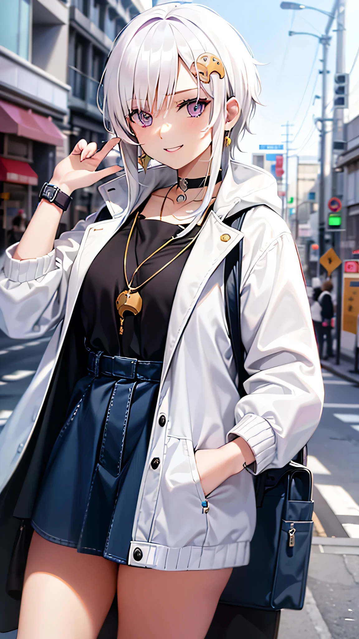 , 1girl, white  hair, short hair, multicolored hair, purple eyes, jewelry, necklace, choker, perfect breasts, , wearing a winter jacket, wearing a duffle coat, , wearing a watch, wearing earrings, in public, creatures in tokyo city, being on the street, snow on the street, it's snowing, looking at the viewer, realism, masterpiece, textured skin, super detail, high detail, high quality, best quality, 1080p, 16k,  SMILE FACE