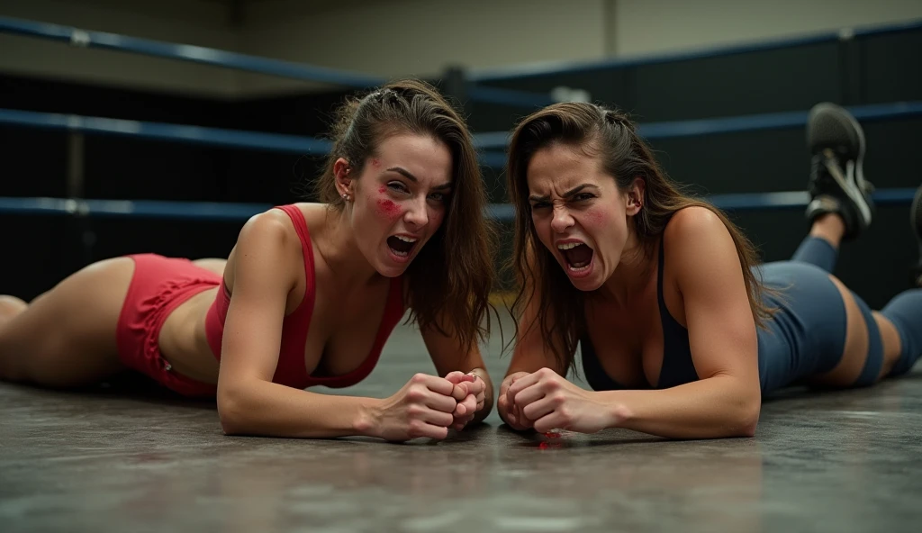 Masterpiece, 2woman (punching each other:1.4), (street fight:1.4), barehand, wearing jeans denim, (Topless:1.4), facing each other, ((Fighting each other:1.6)), angry, tired, (bruised:1.4), (bloody:1.75), (Thick body:1.3), (fierce:1.4), tense, punching each other, asian, fighting pose, crowd background, same height,