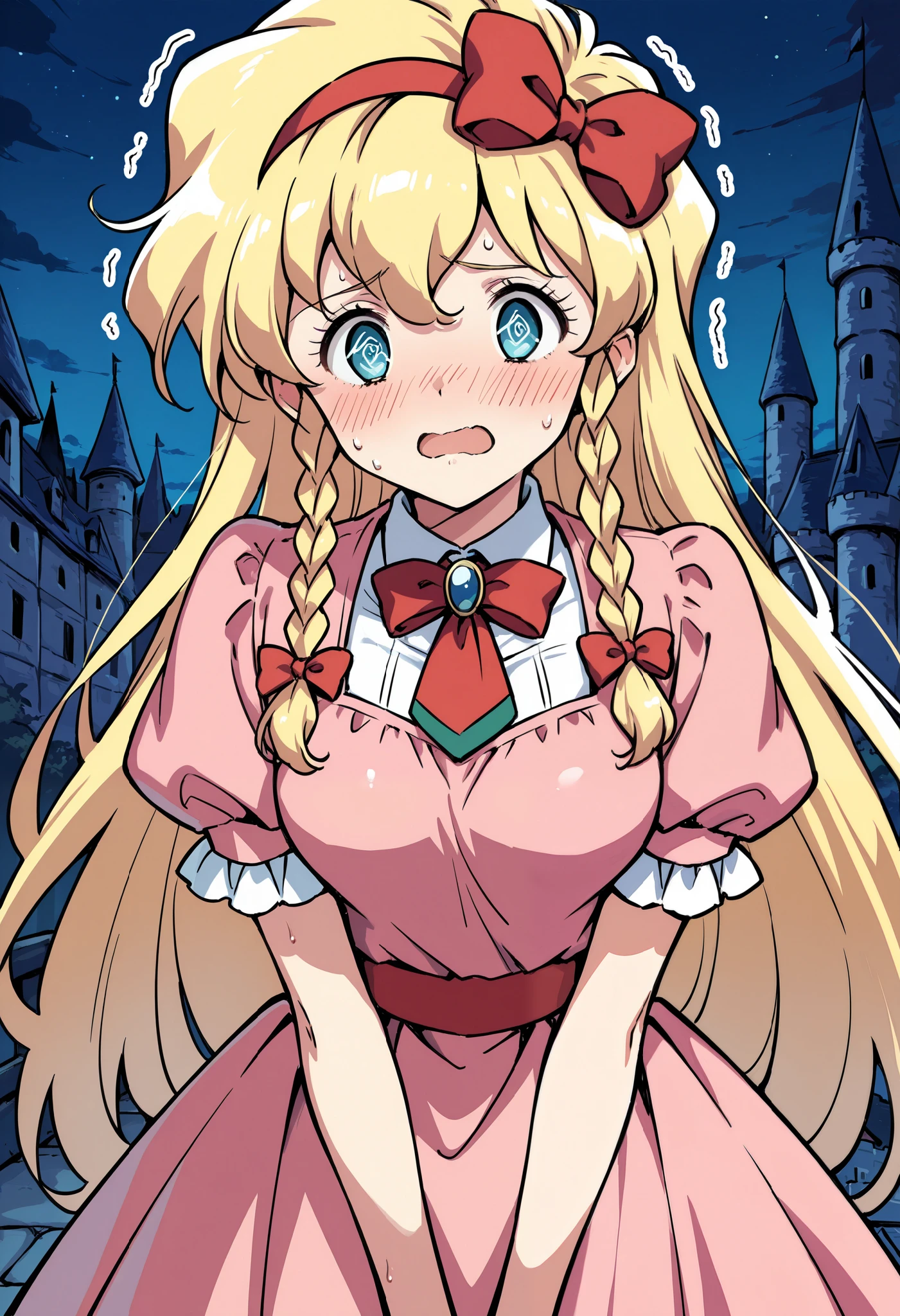 masterpiece, best quality, absurdres, highres, newest, 1girl, solo, Maria_Renard, blonde hair, very long hair, breasts, hair bow, blue eyes, red bow, hairband, twin braids, bangs, pink dress, jewelry, peace sign, sweat, worried, open mouth, @_@, blush, trembling, shaking, shiny skin, sky, night, castle,