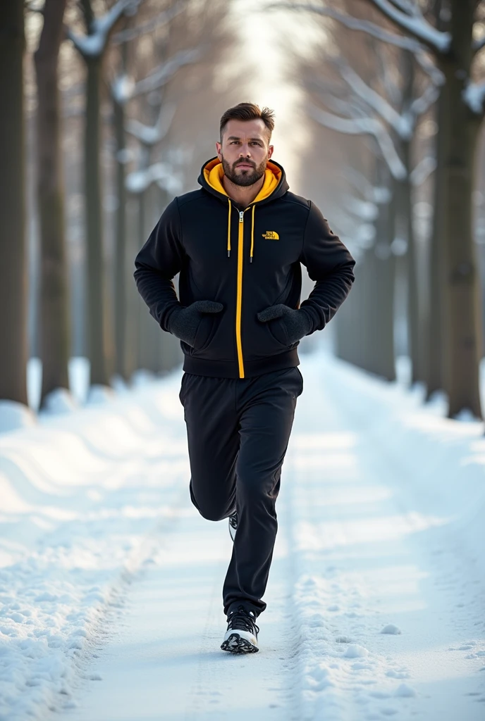 a (lifestyle photography:1.4) young man, age 19, white skin, European, very handsome, has black hair (messsy hair:1.3), skin details, shiny eyes, athletic figure, wearing orange thin running jacket black leggings gloves woolen hat,
runs smiling along a forest path in winter (snow, cold air, frosty atmosphere), looks into the lens, upper body shot, overcast flat lighting, (shot from a Dutch angle:1.8) (soft focus:1.2)