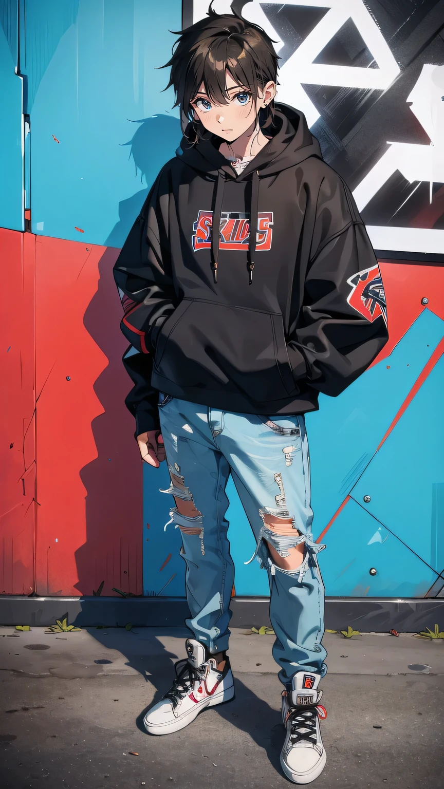 “A -yeld tetanding with his skateboard in an urban skatepark. He wears a worn hoodie and ripped jeans, his skateboard covered in scuffs and scratches. His expression is focused and determined, with short, slightly messy hair and a slim build. The backdrop shows a gritty skatepark with graffiti-covered walls and makeshift ramps, creating an atmosphere of raw passion and rebellion.”