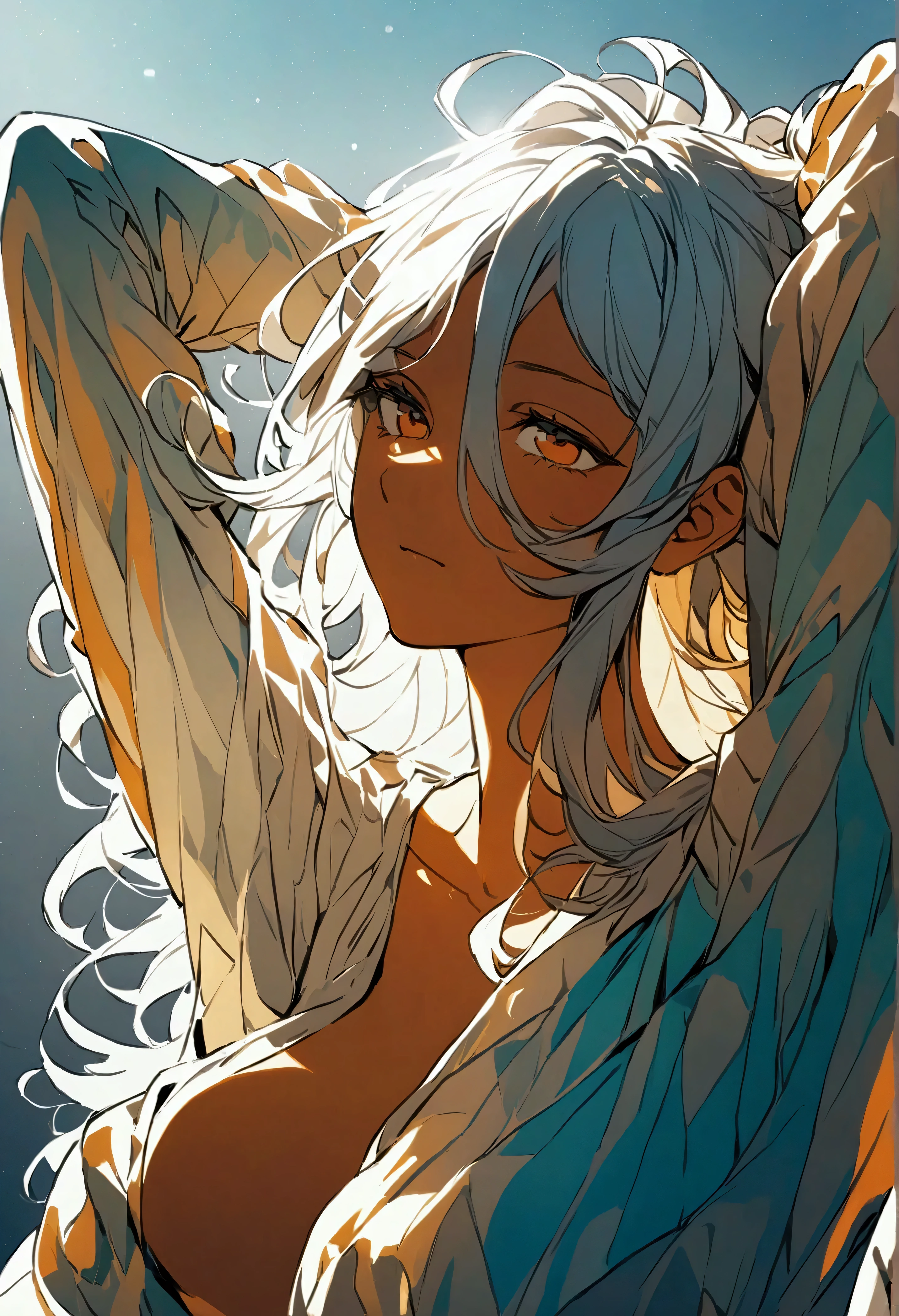 The image shows a digital illustration of a female figure . She has long white hair that seems to flow smoothly . The character is wearing an oversized white shirt , that covers part of her legs . with a confident expression , she raises her arms above her head , which highlights her relaxed posture .
At the bottom of the image , there is a light colored band that mixes with the gray background , and the character shows a relaxed leg . Her features are stylized , with attention to details such as light reflecting in your hair and skin . The art is well colored and presents a modern and vibrant illustration style.
in the lower right corner , there is the artist's signature , with the name "Mrdonxx ". The image in general has a fresh and contemporary air .
