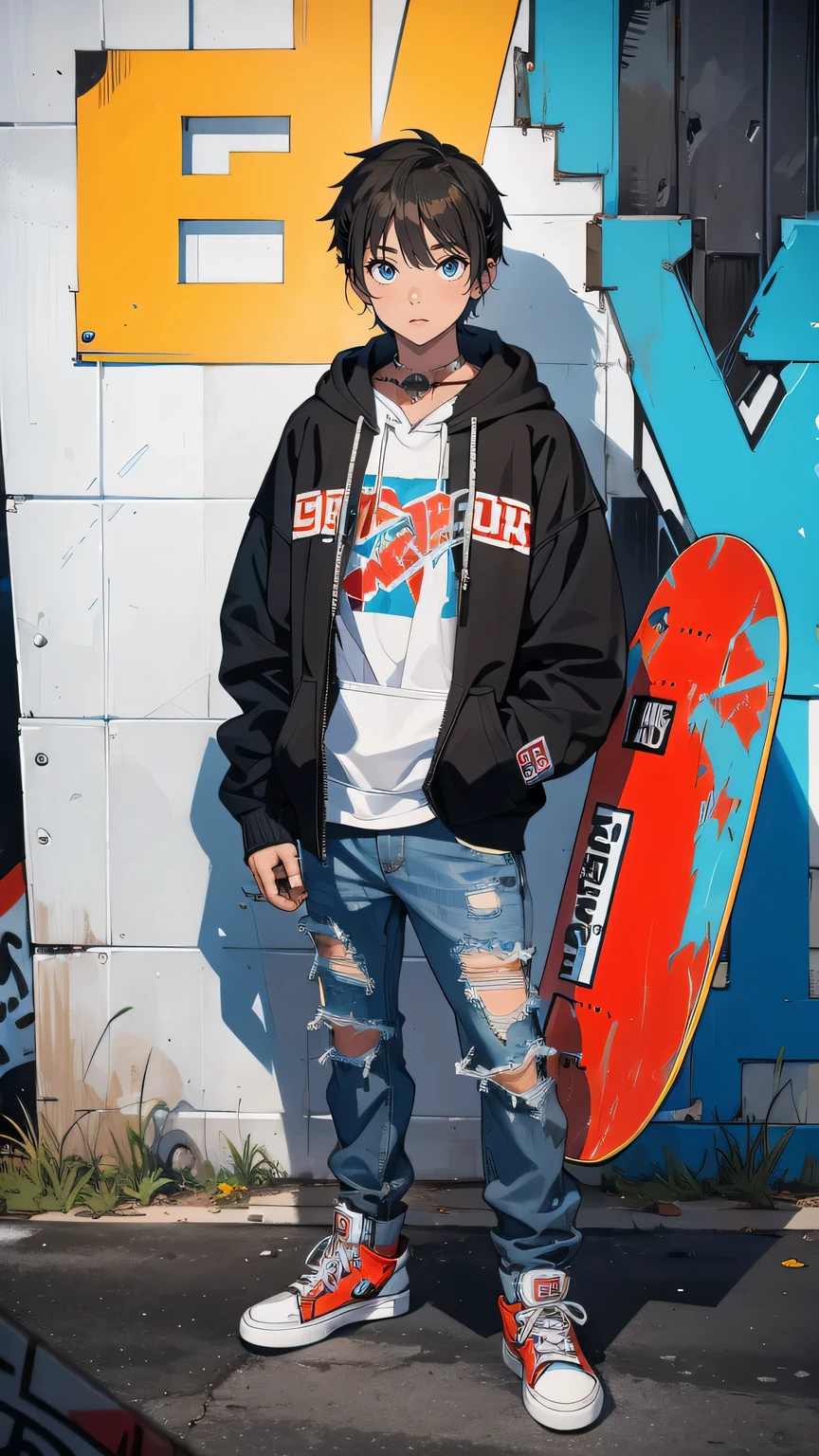 “A -yeld tetanding with his skateboard in an urban skatepark. He wears a worn hoodie and ripped jeans, his skateboard covered in scuffs and scratches. His expression is focused and determined, with short, slightly messy hair and a slim build. The backdrop shows a gritty skatepark with graffiti-covered walls and makeshift ramps, creating an atmosphere of raw passion and rebellion.”