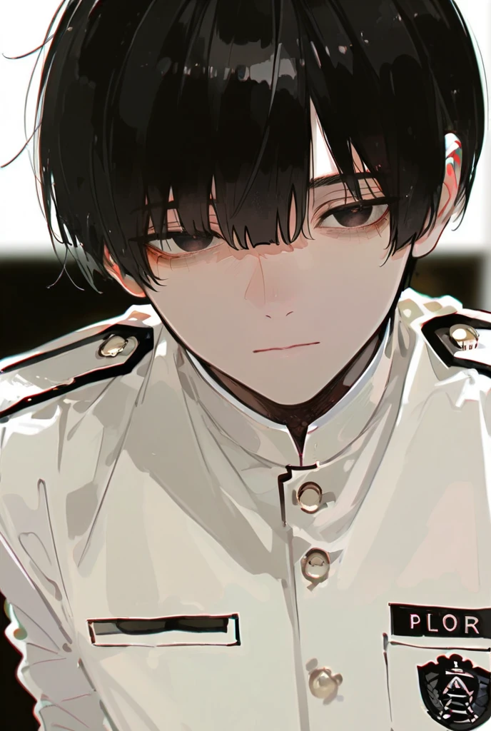 Black and White, 1 man,uniform, black hair,  shortcuts,  deco bangs, 
 dark eyes, blurred background 