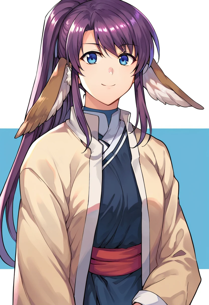 score_9,score_8_up,score_7_up,score_6_up,score_5_up,score_4_up,anime coloring BREAK source_anime,anime,touka,1girl,solo,bird ears,blue eyes,purple hair,long hair,ponytail,japanese clothes,blue pants,red sash,beige coat,smile,multicolored background,looking at viewer,portrait,upper body,looking at viewer,