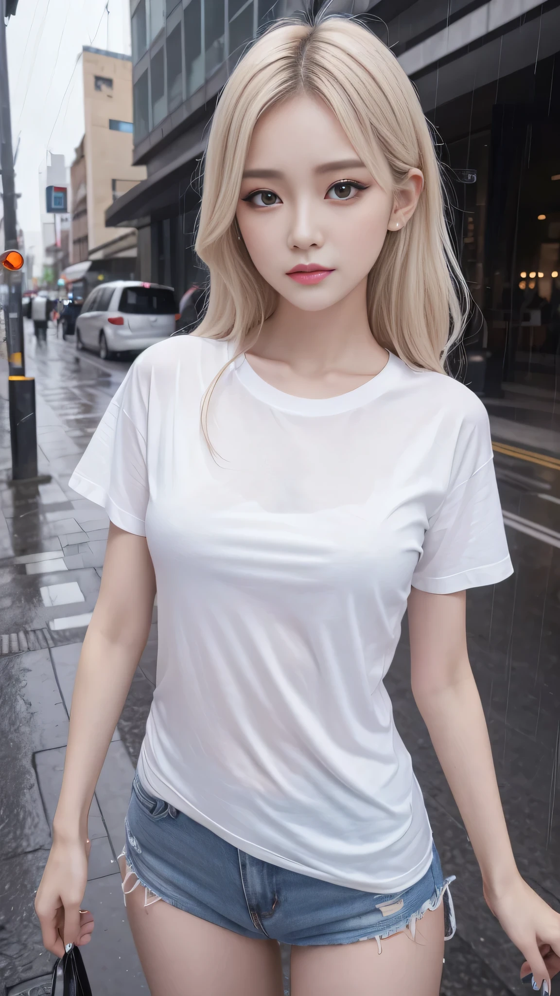 Skinny, pitite,  girl, heavy rain, tight white t-shirt, short shorts, NSFW, soaked clothes, blonde ponytail hairstyle, cold day,