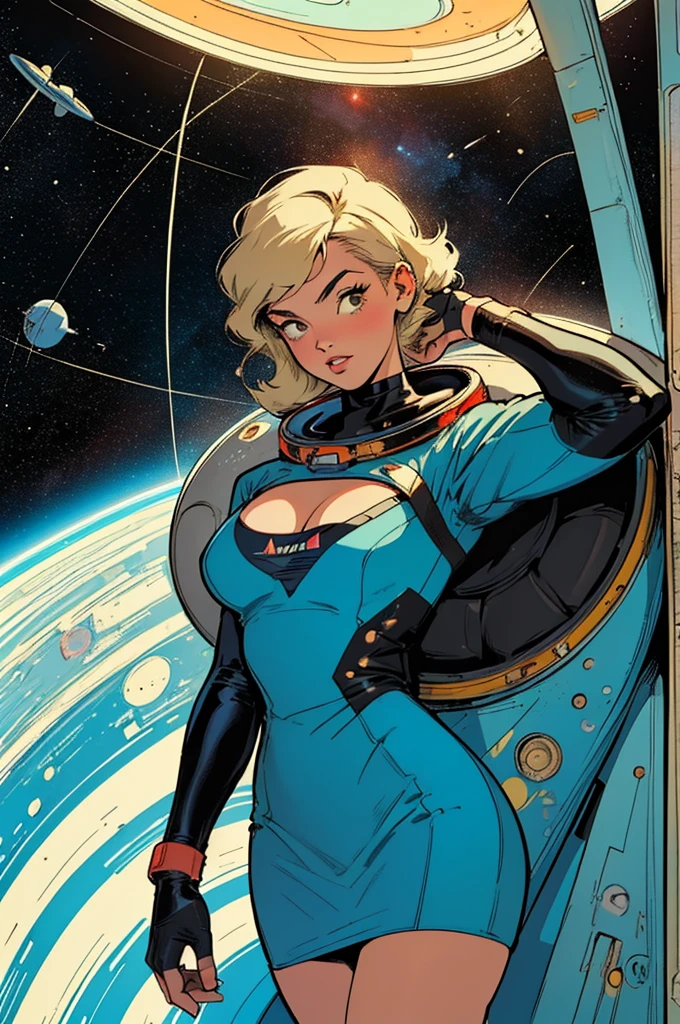 Best quality, Ultra detailded, Holographique, Tir de cowboy, pose dynamique, golden ratio, Space woman, Retro futurism, Pin Up, Science fiction,
tall_woman, fit, long_legs, white space suit,justaucorp, Yellow over-the-knee space boot,
blond_hair, brown, golden_eyes,wavy bob hair cut, freckles,
Front view,
detailed_face, detailed_eyes,nsfw, lewd, sexy shape, sexy curve