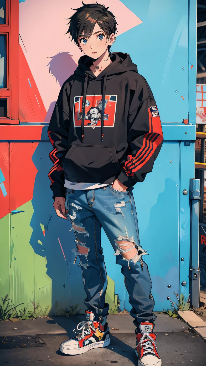 “A -yeld tetanding with his skateboard in an urban skatepark. He wears a worn hoodie and ripped jeans, his skateboard covered in scuffs and scratches. His expression is focused and determined, with short, slightly messy hair and a slim build. The backdrop shows a gritty skatepark with graffiti-covered walls and makeshift ramps, creating an atmosphere of raw passion and rebellion.”